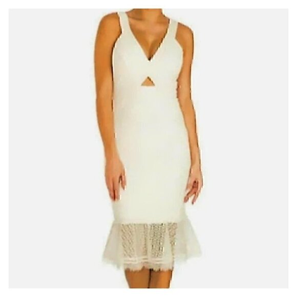 GUESS Ivory Lace Midi Dress Sheer Ruffle Coctail Party Wedding Guest Formal - Picture 1 of 7